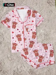 Valentine's Day Women's Pajama Set, Comfortable Cute Elastic Heart Highland Cow Animal Button Shirt and Pants Two-Piece Sleepwear