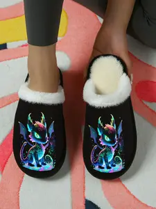 Year of Dragon Slippers, 1 Pair, Whimsical Colorful Cartoon Dragon Print, Plush White Fur Trim, Cozy Anti-Slip Sole, Kids & Family Home Wear, Perfect Gift for 2024 Dragon Year