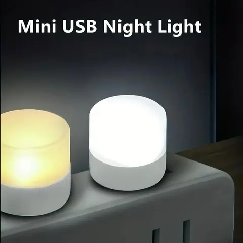 Mini LED Night Light Bundle Pack - USB Powered, 0-5W Plastic, Energy-Efficient, Soft Glow, Multicolor, 5 White Lights, Waterproof Liner, Compact Portable for Home Travel Use