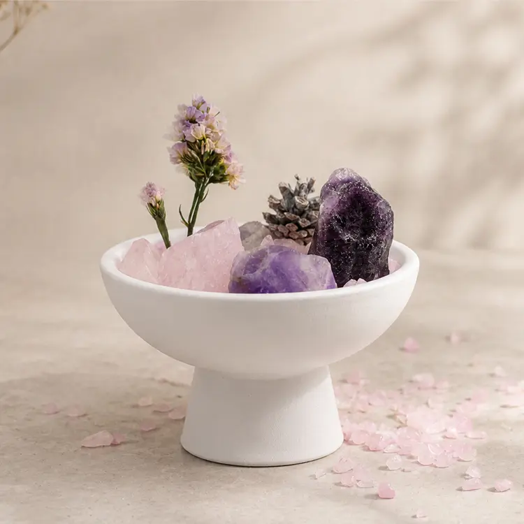 Rose Quartz Crystal Pedestal Bowl Gemstone Arrangement Decorative Home Accent Living Space Ornament