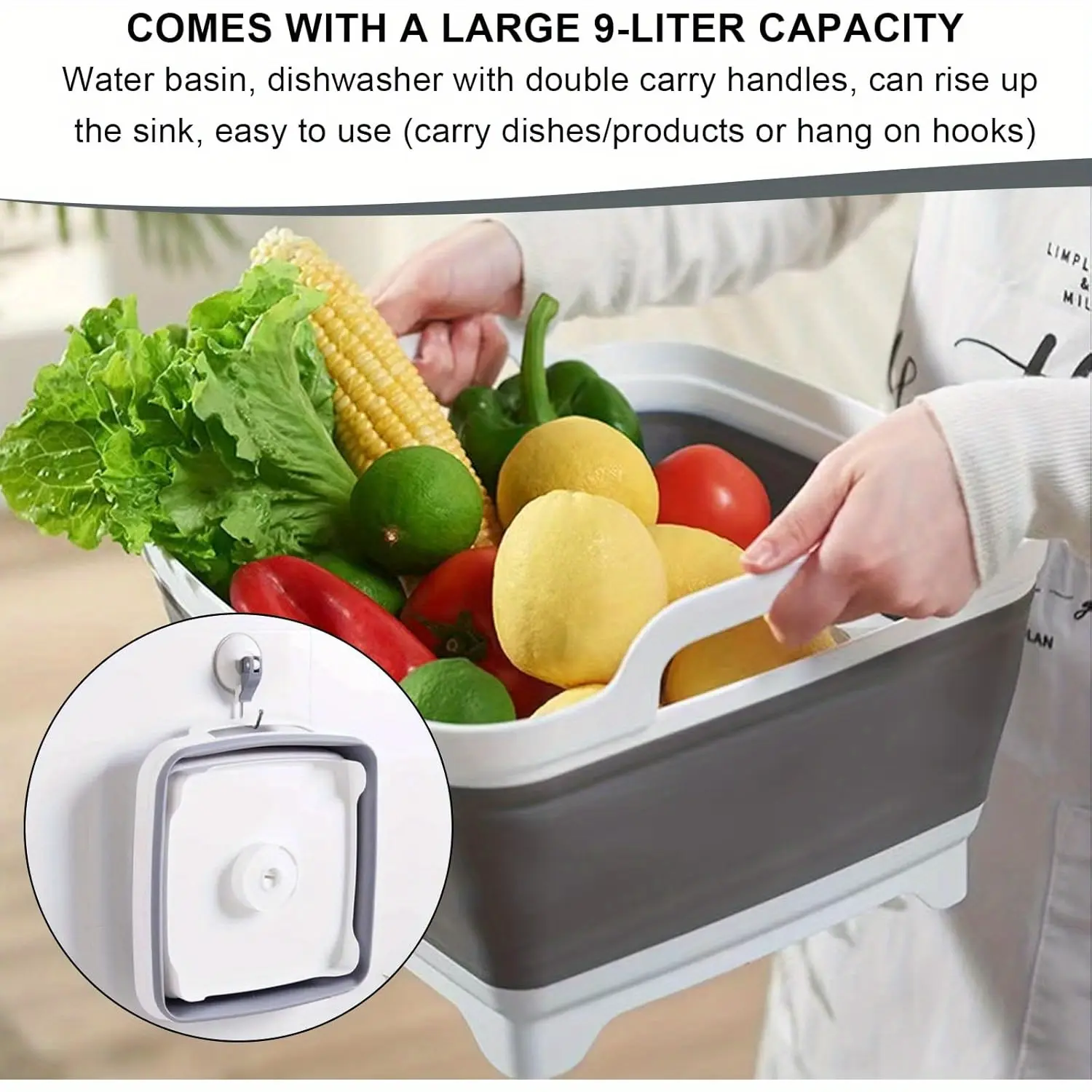 Portable collapsible sink with drain plug and handle | Durable vintage multi-purpose basin, space-saving storage tray for kitchen countertops, RV wash stations and camping trips, plastic with storage basket, Home Goods
