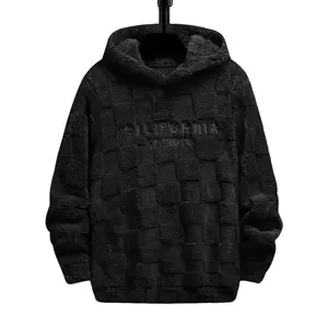 Men's Fleece-Lined Embroidered Drop Shoulder Hooded Pullover, Stretch Long-Sleeves Relaxed Fit Warm Knit Textured Casual Top for Fall & Winter Fuzzy Christmas Menswear Fabric