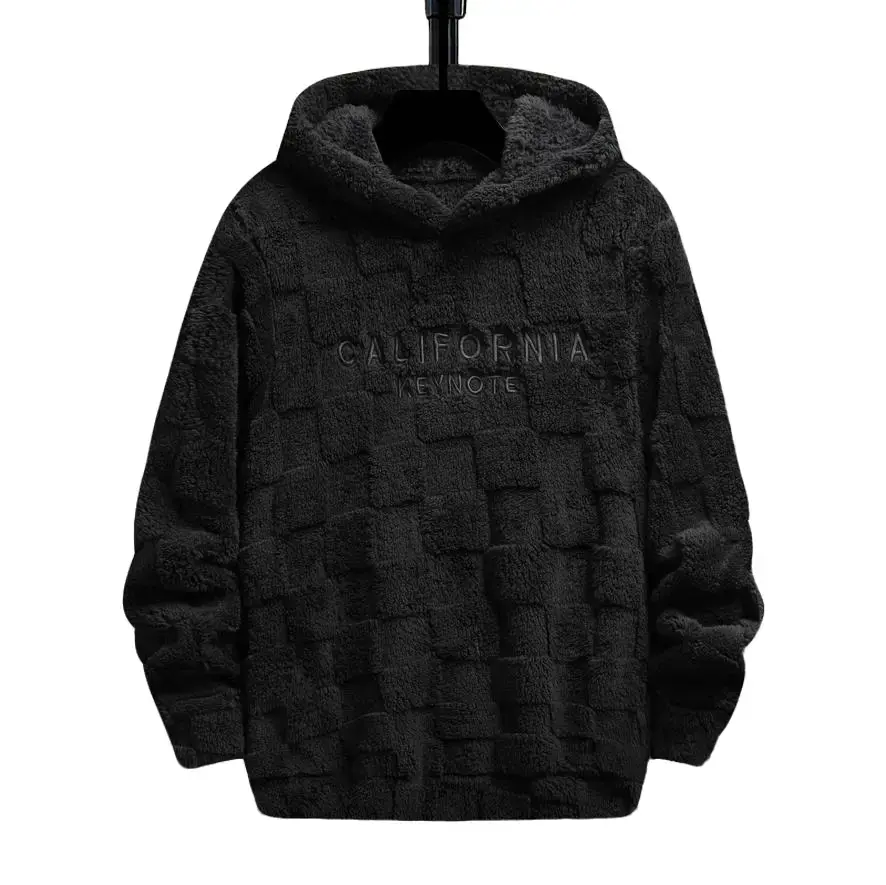 Men's Embroidered Fleece-Lined Drop Shoulder Hooded Sweatshirt - Relaxed Fit, Longsleeves, Stretch, Warm Knit Textured Casual Pullover for Fall, Winter