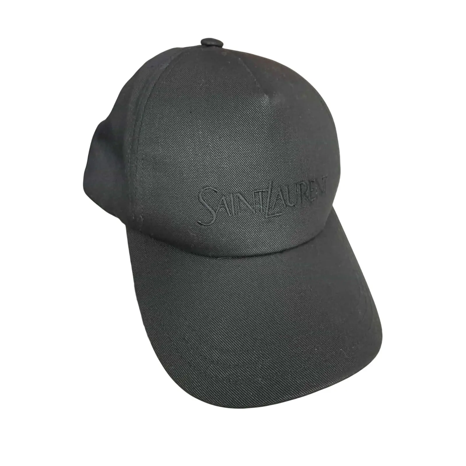 Pre-owned Vintage Saint Laurent Solid Gabardine Cotton Linen Blend Minimalist Cap Black, Size 57, Adjustable Back Closure