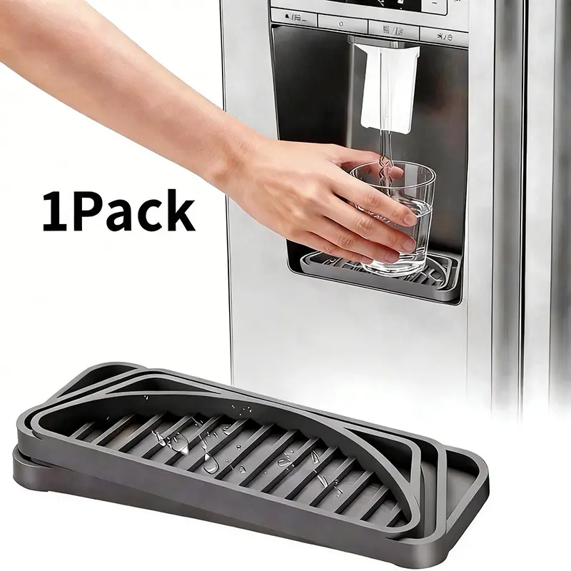 Silicone Refrigerator Drip Tray Catcher,Protects Ice and Water Dispenser Pan From Spills,Fit Refrigerator Water Tray, Recycle and Dry Quickly (Rectangular, Black+Grey)