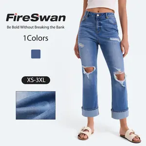 FireSwan 2026 New Vintage-Washed Women's Jeans Ripped and Frayed Design Slightly Flared Slim Fit Spring/Summer/Fall Three-Season Jeans
