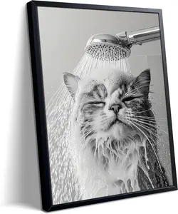Home Decor Spirit Cute Cat Bathroom Decor Funny Animal Bathroom Wall Art Cat Bathing Wall Decor Poster Painting Black and White Canvas Print Artwork Modern Farmhouse Restroom Home Decoration 12x18 Inch UNFRAMED