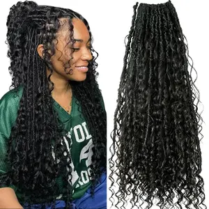 Pre-looped Crochet Boho Locs with Human Hair Curls Dreadlocks Hair With Curly Human Hair End Boho Faux Locs 72locs Full Head