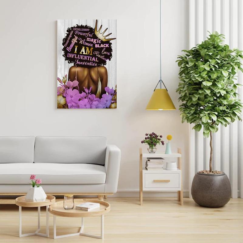 Black Queen Wall Art Poster African American Canvas Wall Art Black Women Purple Flowers Inspirational Quotes Poster Abstract Contemporary Canvas Prints Painting for Living Room Bathroom Bedroom Home Decorations Frame