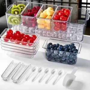 "Clear Serving Tray with Removable Compartments and Ice Chamber, Large 5-Container Condiment Organizer for Food, Salad, Garnish, Entertaining Essentials, Reusable Dishwasher-Safe Platter"