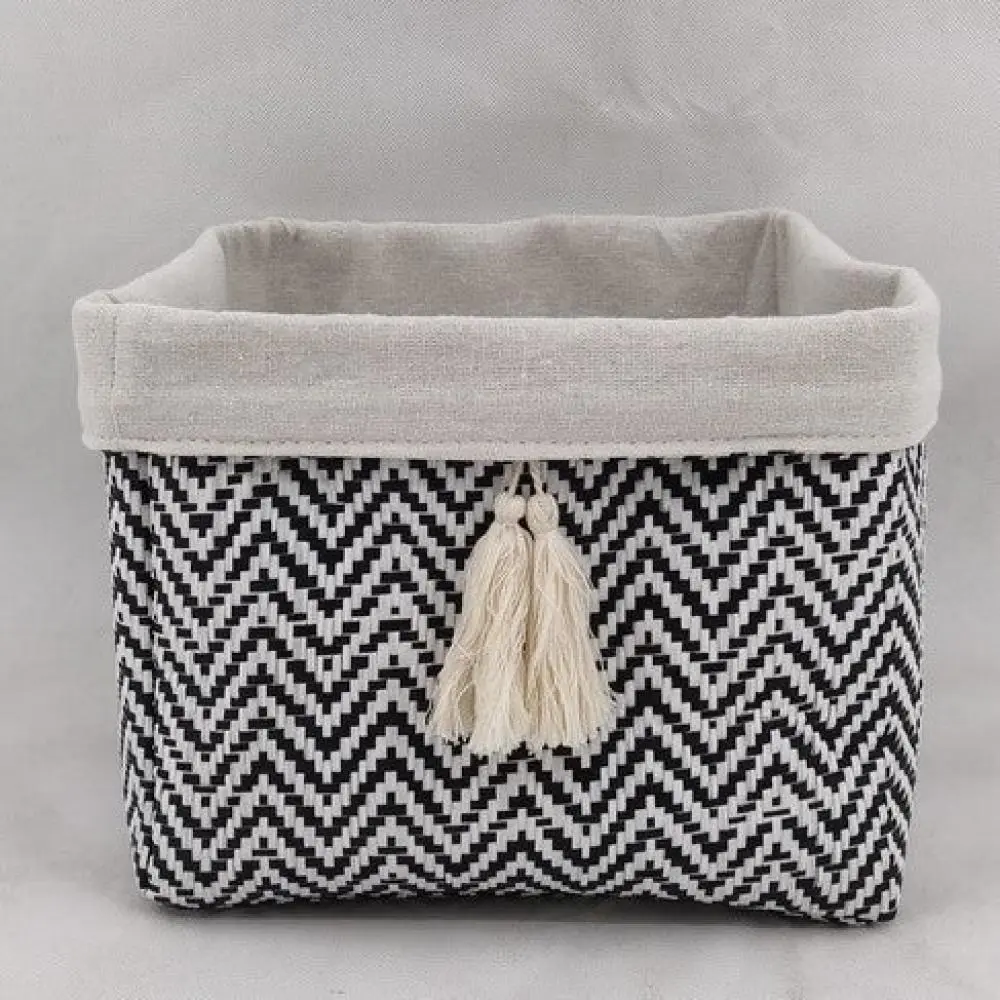 MDR Trading AI-2120-216-Q01 Black & White Chevron Pattern Container Basket with White Tassel, Sewing Tool Kit Accessory for Textiles & Soft Furnishings