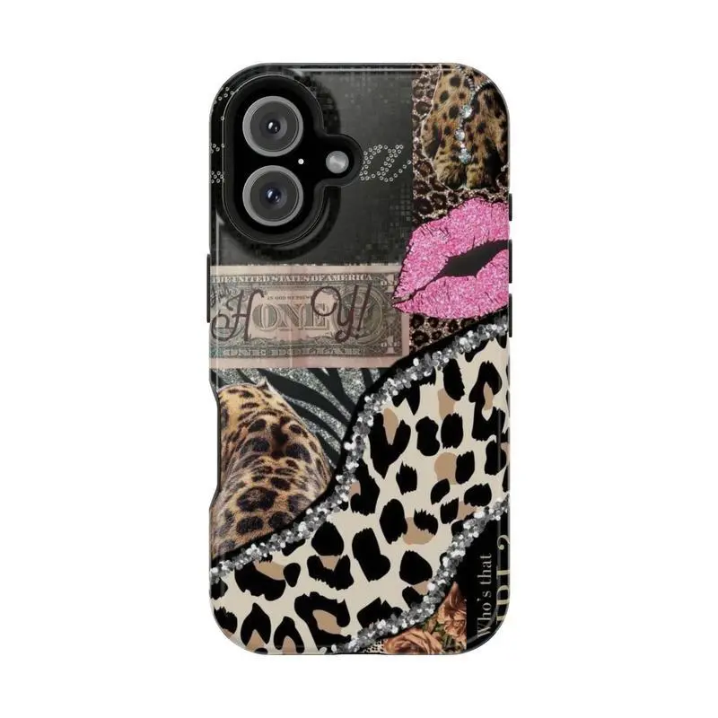 Glam Leopard Print Phone Case – Pink Glitter Lips, Money Aesthetic & Diamond Detail |   Luxury Diva Style for iphone 17 promax case air 16 plus 15 promax 14 pro 13max 12 Samsung S25 EDGE S24 S23 S22 Ultra Fe Protection Smartphone casing
