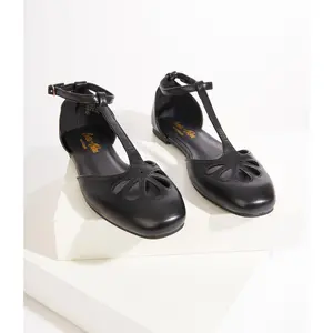 1920s Style Black Leatherette T-Strap Flats