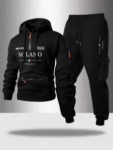 Men's Casual Long Sleeve Fitted Hoodie Set, Graphic Letter Print Design, Drawstring Pocket Sweatshirt & Long Pants, Fall Winter, 2 Piece Pack, Menswear
