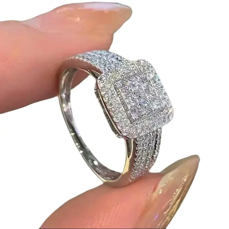 Women's 925 Sterling Silver Square Shiny Engagement Ring - Luxurious Rhinestones, Cubic Zirconia, Female Statement Casual Ring Stack Jewelry for Wedding Anniversary Gifts