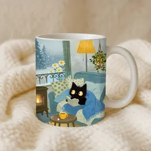 Cozy Winter Cat Mug | Cute Christmas Coffee Cup | Book Lover Gift | Cozy Cat Lover Mug | Tea & Cocoa Cup