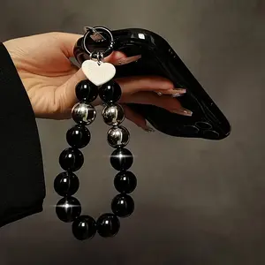 1pc Fashion Beaded Phone Charm Strap, Black ABS Wristband with Heart Keychain Pendant, Women'S Mobile Accessory, Cell Phone Charm, Phone Accessories