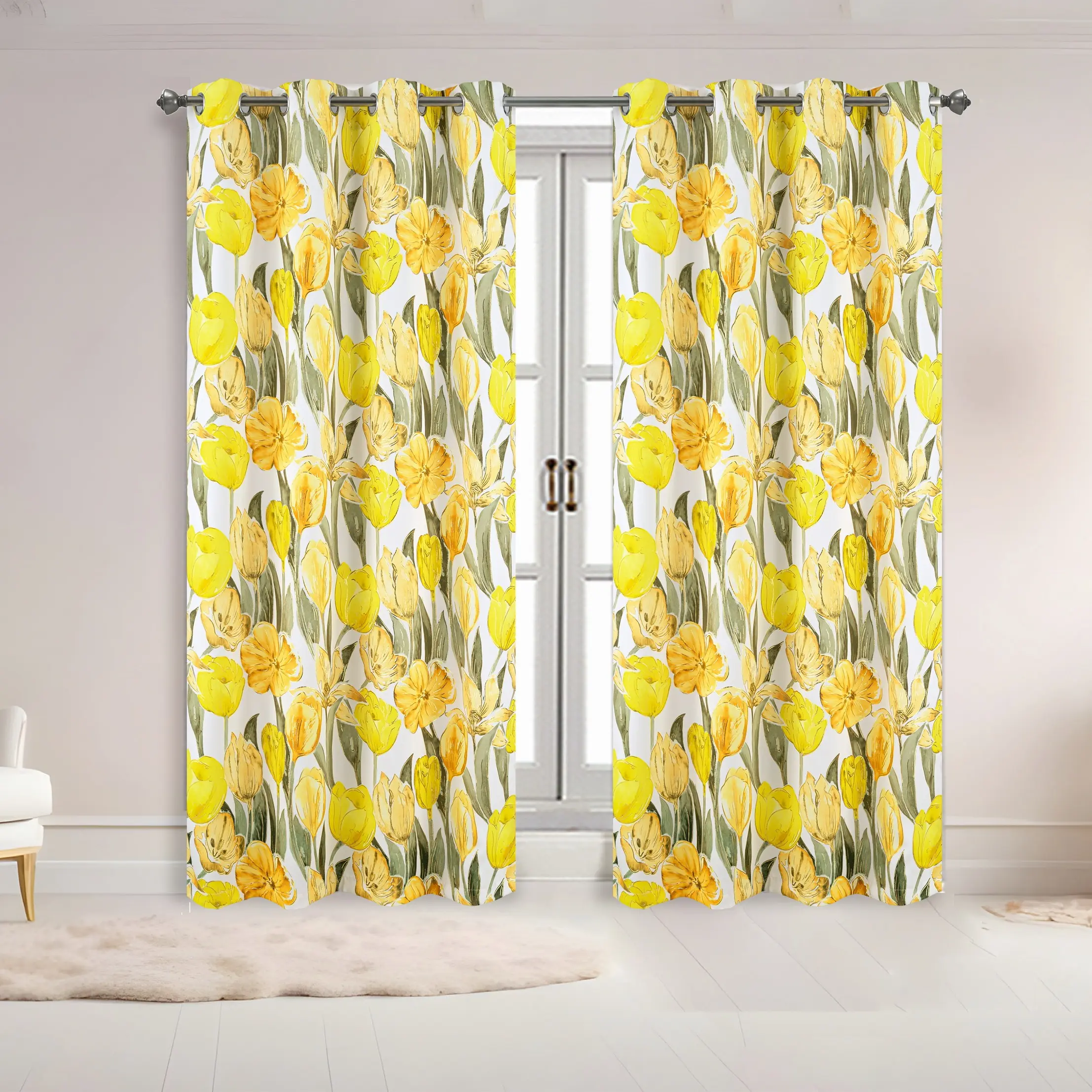 Rosalie Watercolor Tulip Window Treatment - Modern Grommet Curtains