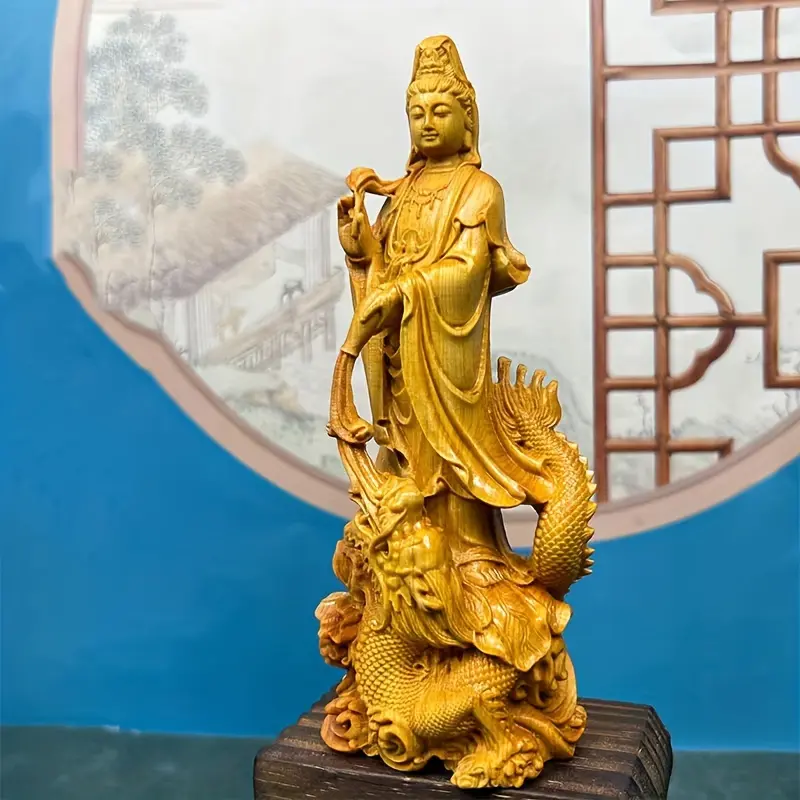 New Handcrafted Wooden Guanyin Buddha Statue - Traditional Chinese Dragon Design For Home & Living Room Decor, Feng Shui Accent Piec Religious Ornaments