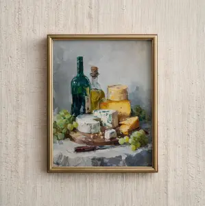 [SALE UP TO 40%] [Unframed] Kitchen Wall Art Print, French Cheese Platter Painting, Wine and Grapes Poster, Vintage Kitchen Decor, Digital Download