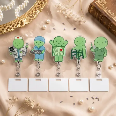 Cute Medical Green Character Acrylic Badge Reel, X Ray Ultrasound Surgical Tech and PT Retractable ID Holder, Fun Name Tag Clip Gift