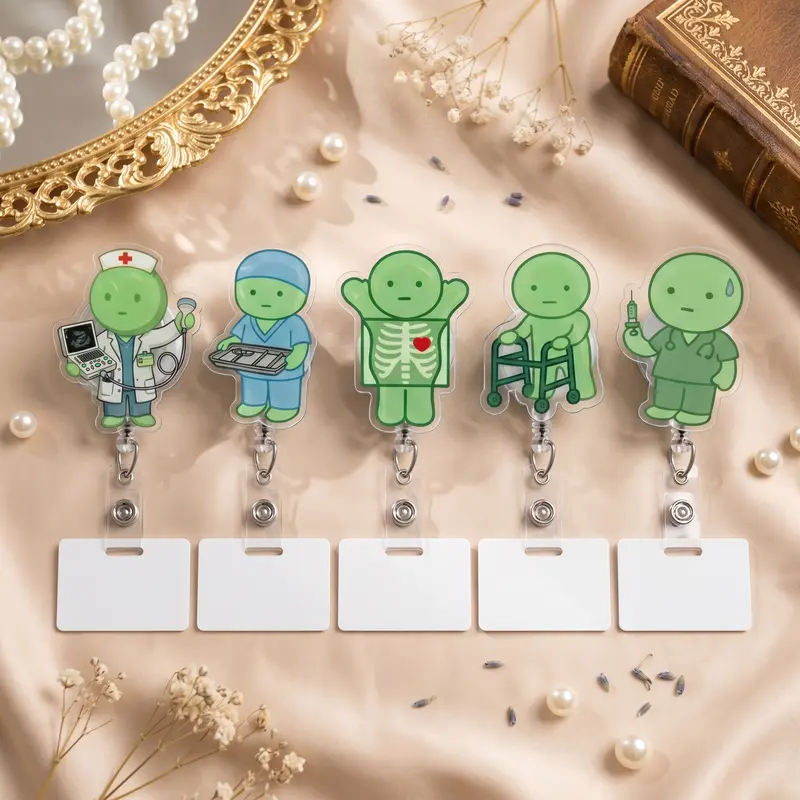 Cute Medical Green Character Acrylic Badge Reel, X Ray Ultrasound Surgical Tech and PT Retractable ID Holder, Fun Name Tag Clip Gift