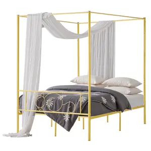 VEVOR Full Size Canopy Bed Frame, Metal Canopy Bed with Minimalist Headboard Four Posters Design, Heavy Duty Steel Slats Support, Underbed Storage Space, No Box Spring Needed, Easy Assembly, Gold