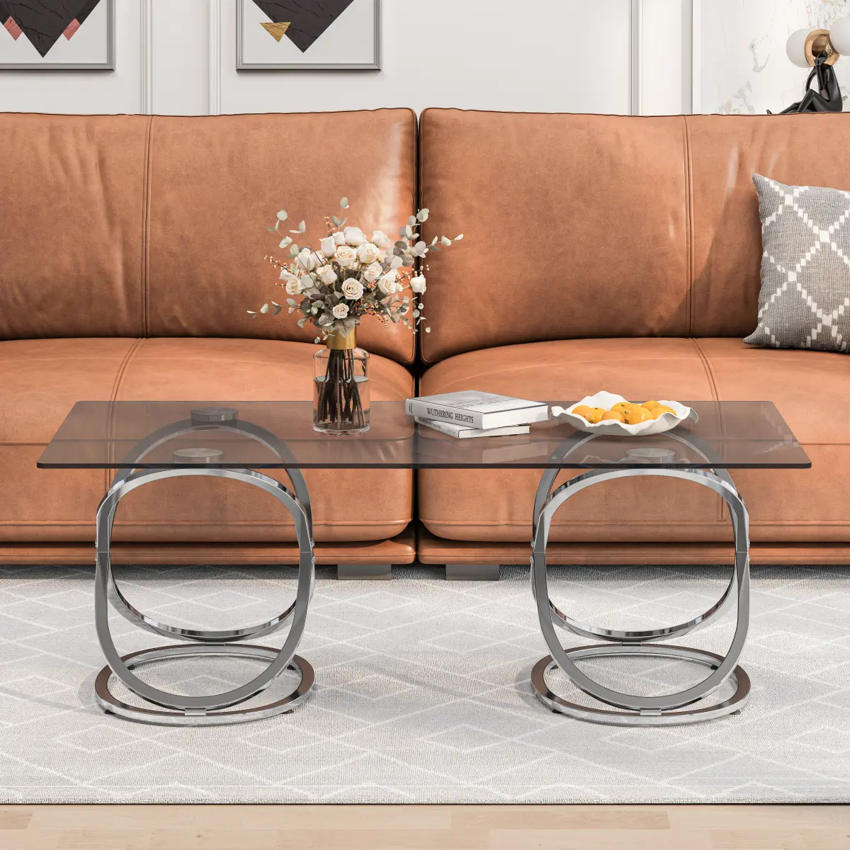 Modern Minimalist Silver Glass-Topped Small Modernist Nesting Table - 47.24x23.62x17.32in Gray Top, Chrome Metal Frame, Adjustable Levelers, 200LBS Load Capacity, Easy Assembly for Living Room, Glass-Topped Nesting Tables, Modernist Nesting Tables