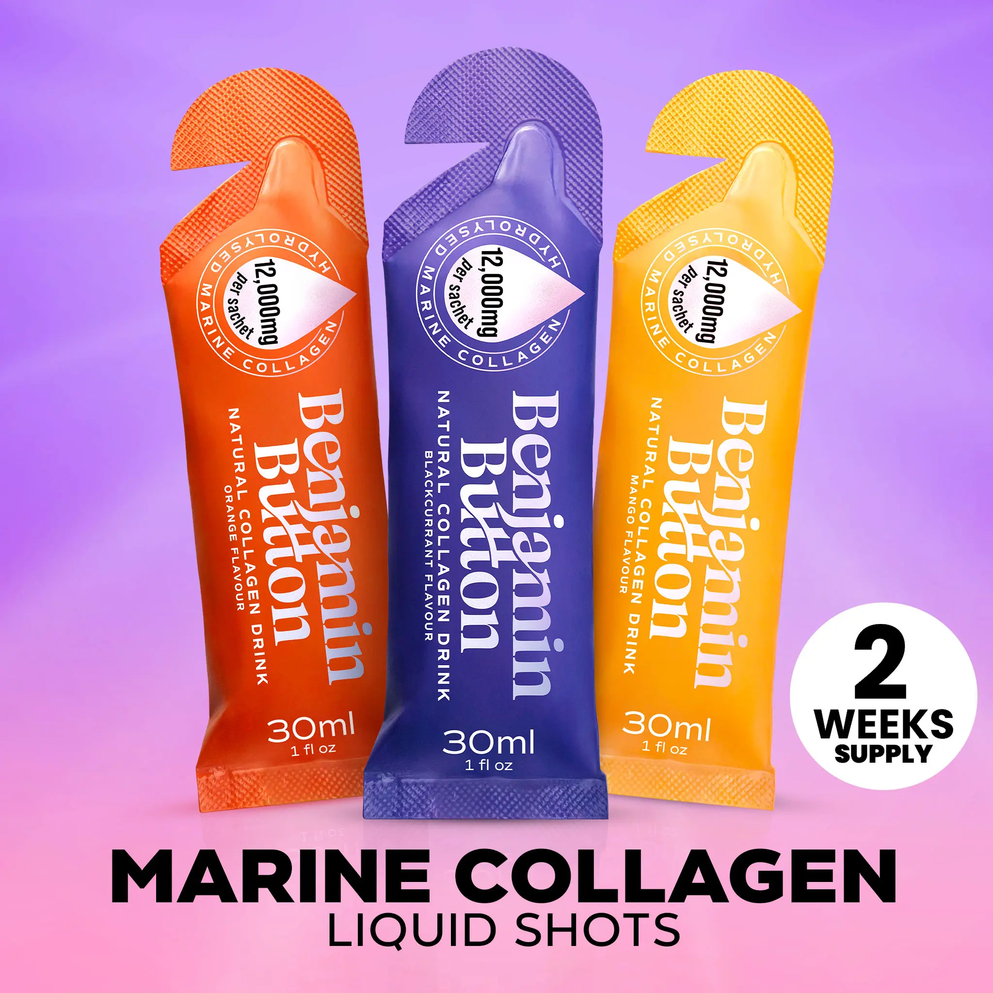 Marine Collagen Liquid Shots | 12,000mg Hydrolyzed Collagen Supplement with Hyaluronic Acid & Vitamin C | Ready-to-Drink Collagen Sachets for Skin, Hair & Joints | Mango, Orange & Berry | 14 or 28 Day Supply