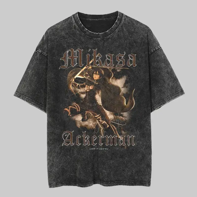 Anime Attack on Titan Mikasa Graphic Tee | Retro Washed Oversized Streetwear T-Shirt | Premium Vintage Anime Shirt, Perfect Gift for Otaku & Manga Fans
