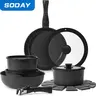 SODAY 15pcs Non Stick Cookware Set - Aluminium, Induction-Compatible, Oven-Safe, Compact with Detachable Handle, Stackable, Easy Clean, Less Water Waste, 2 Qt & 3 Qt Sauce Pans, 22lb Capacity for RV Kitchen, Thanksgiving,gift