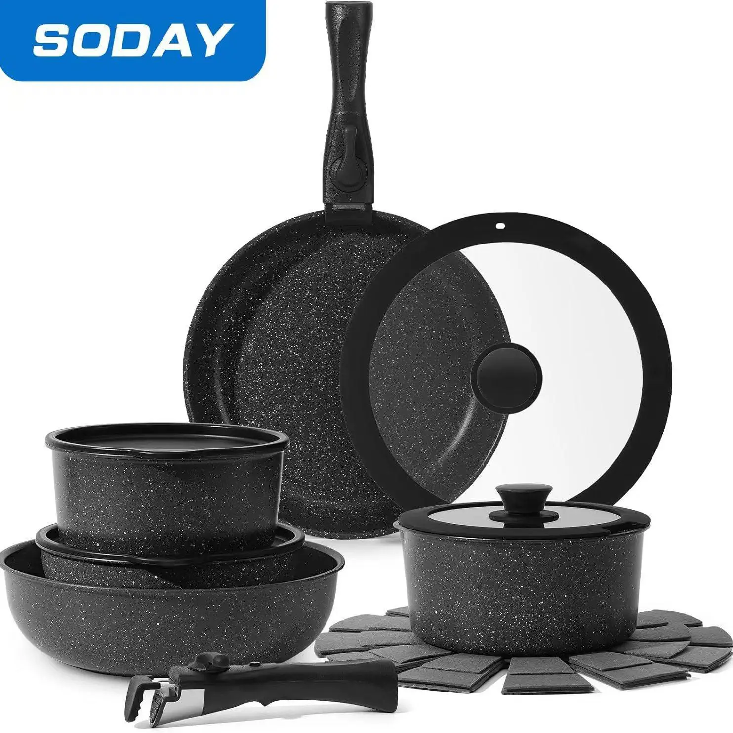 SODAY 15pcs Pots and Pans Set Non Stick, Cookware Sets with Detachable Handle, Nonstick RV Kitchen Cooking Set Removable Handles, Oven Safe,Stackable,