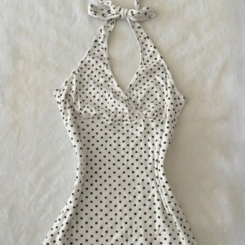 Vintage Polka Dot Halter Tank Top, V Neck Wrap Design with Adjustable Back Straps, Perfect for Casual and Vacations