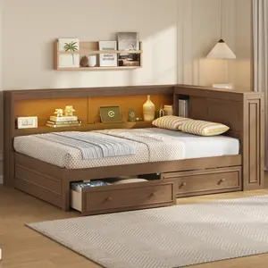 Full Size Wood Daybed with Storage Shelves, USB, LED, and 2 Drawers, Antique Wood Color(ETA:1/18)