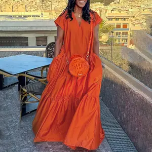 UOOZEE Women's Orange Loose Short Sleeves Pleated Pockets Solid Color Split-Joint V-Neck Maxi Dresses Summer Casual Basic Elegant Style Cotton Blend Comfortable Fit