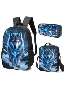 3pcs Snow Wolf Backpacks. Featuring a Stylish Handle Design And Spacious Enough for Laptops, These Bags Are Ideal for Everyday Use And Make Excellent Gifts for Loved Ones, Backpack, Backpack Men, 2D Flat