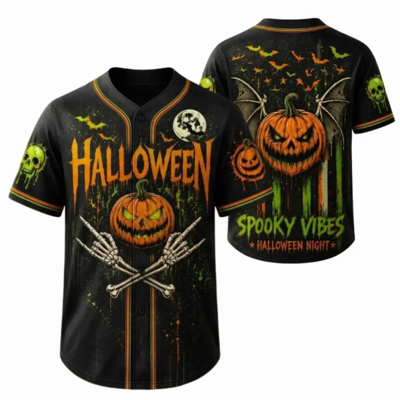 Halloween Baseball Jersey, Spooky Pumpkin Skeleton Shirt, Unisex Horror Costume Gift