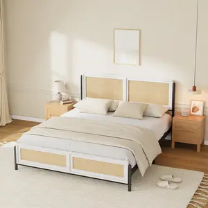 Rattan Full Size Bed Frame, Boho Wooden Full Platform Bed with Natural Rattan Headboard & Footboard, No Box Spring Needed, Noise-Free, Easy to Assemble, Whit