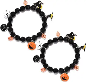 NVENF 2PCS Halloween Bracelets for Women Pumpkin BOO Ghost Charm Bracelets Black Bead Stretch Bracelet Set Costume Party Gifts