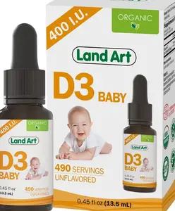 Land Art - Certified Organic Vitamin D3 Drops Baby – 400 IU per Drop – 490 Servings – Supports Bone & Teeth Development – Vitamin D Drops for Infants & Toddlers – GMO-Free - Gluten-Free – 0.45 fl oz