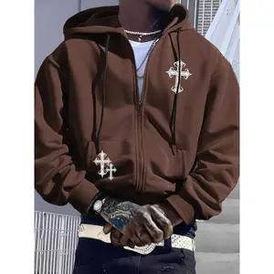 Men's Hooded Sweatshirt with Cross Print, Fashionable Streetwear, Casual Fitted Design, Perfect for Fall & Winter Outdoor Activities