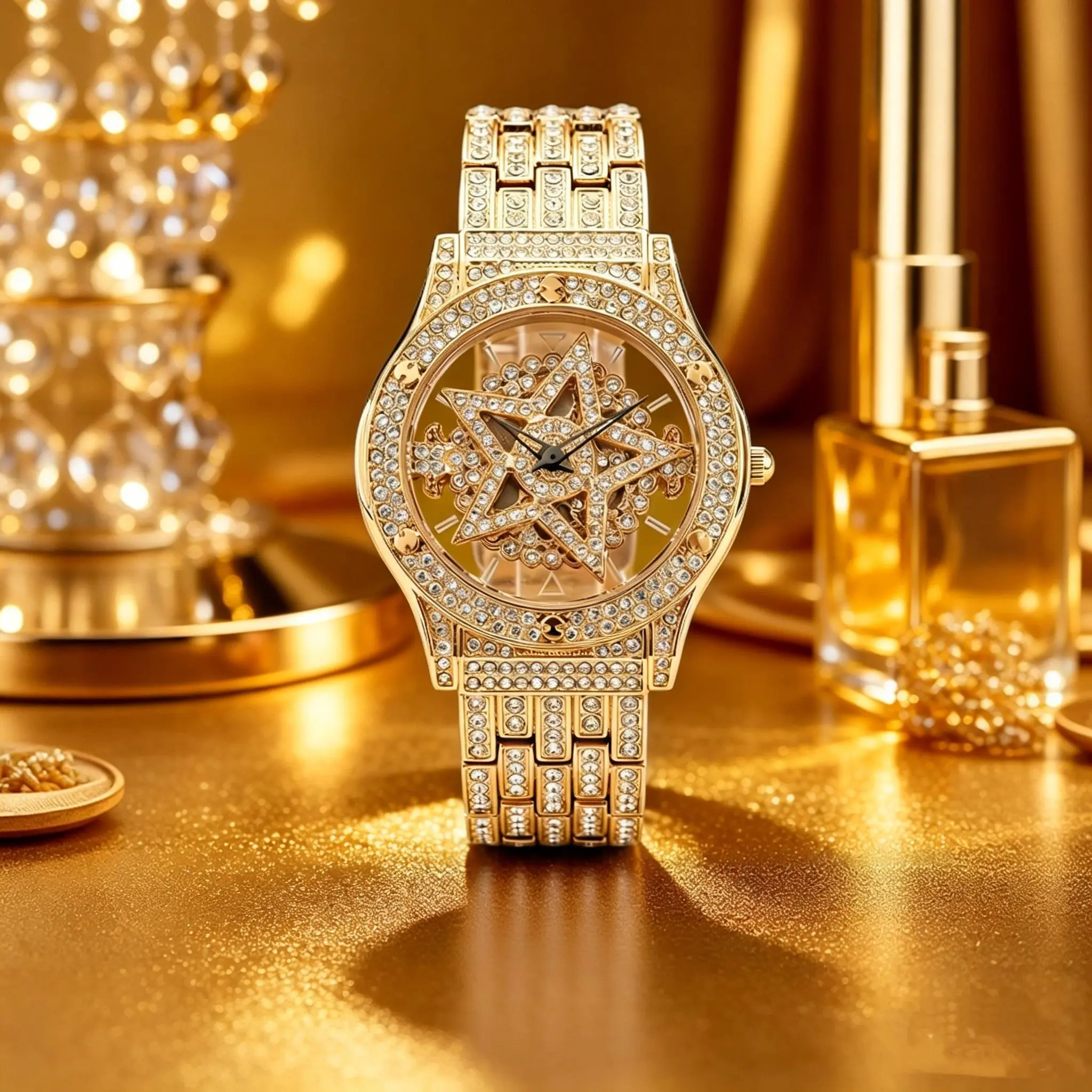 Luxury rotating star diamond watch with a rotatable dial, diamond-encrusted light luxury ladies’ quartz watch