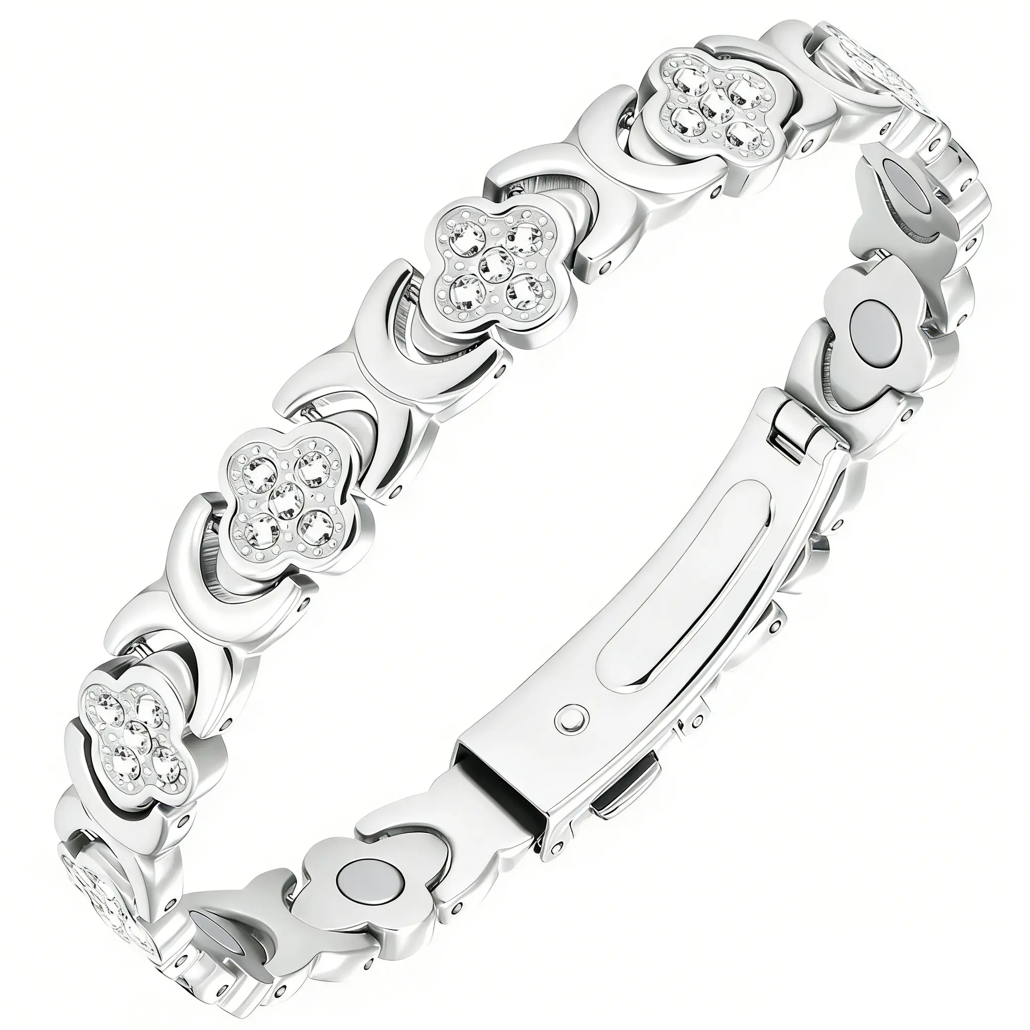 Women's Pure Copper Magnetic Bracelet with 3500 Gauss Magnets – Crystal Four-Leaf Clover Design, Adjustable Stackable Cuff, Therapeutic Jewelry for Joint Pain Relief, Fashionable Stack Bangle for Everyday Wear & Gift Giving
