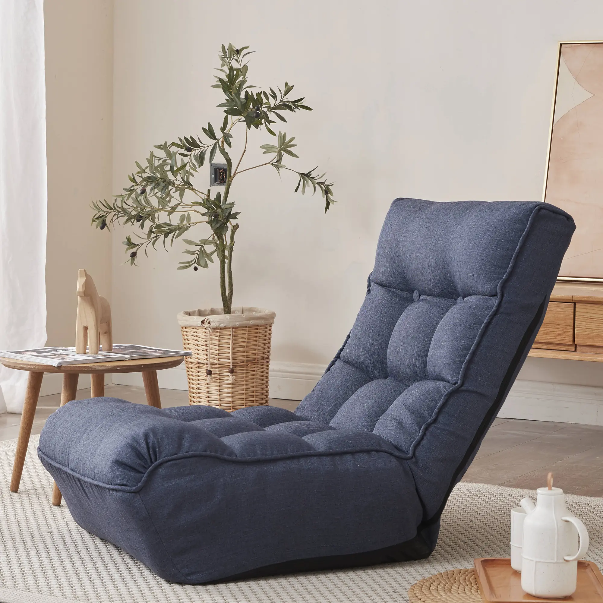 Adult Ergonomic Japanese Adjustable Back Armless Single Reclining Chair - Spring Construction Folding Floor Chair for Reading, Easy Transport in Various Indoor Rooms