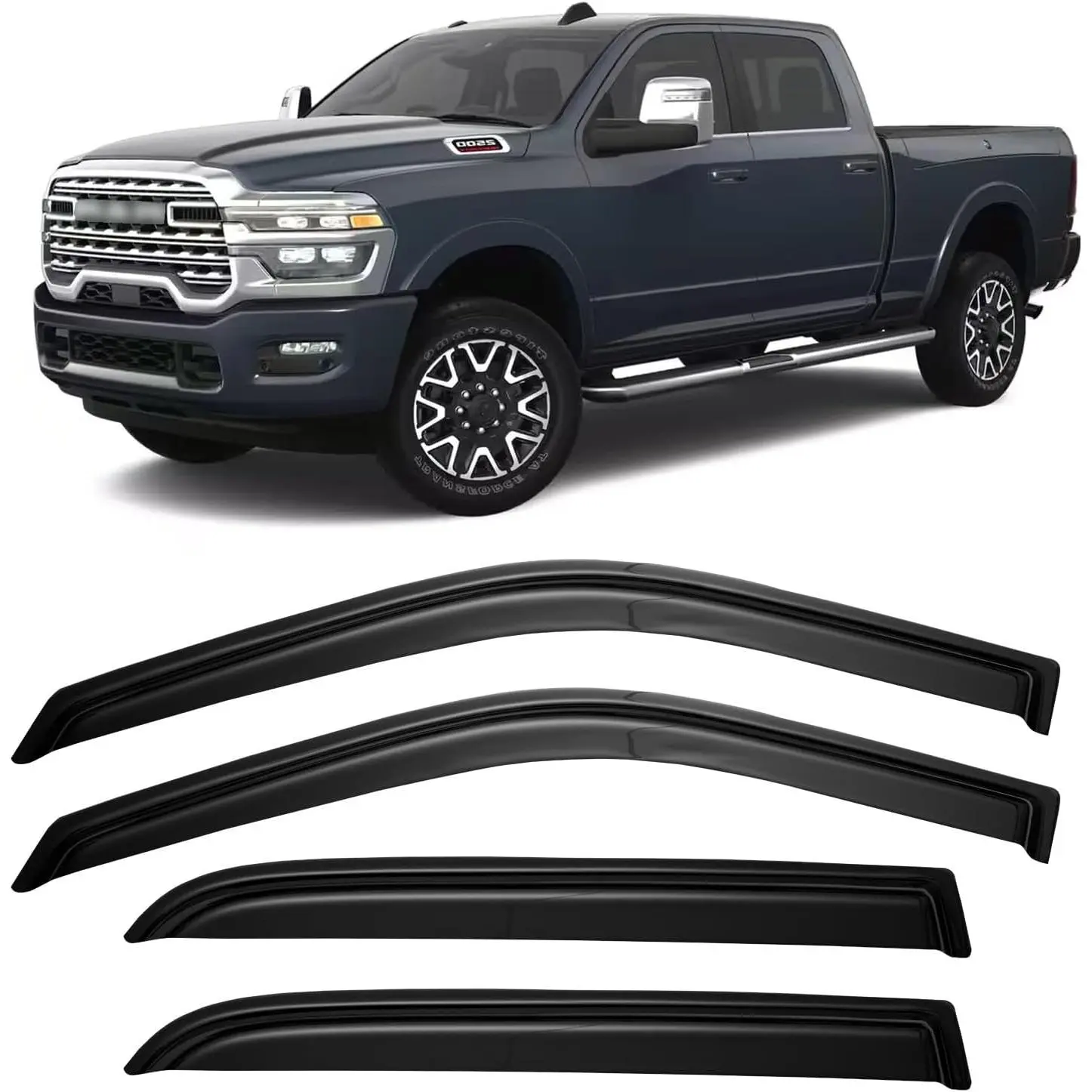 Acrylic Rain Side Window Visors & Sunvisor Side Window Deflectors for 2010-2026 Ram 2500/3500 Crew Cab, 3M-Graded Tape, Anti-Shatter, UV & Scratch Resistant Vent Shades, Rain Side Window Deflectors & Visors