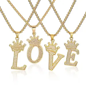 Crystal Crown Letter Necklace Stainless Steel Tarnish Resistant Gold Plated Pendant for Women Men Unisex Jewelry