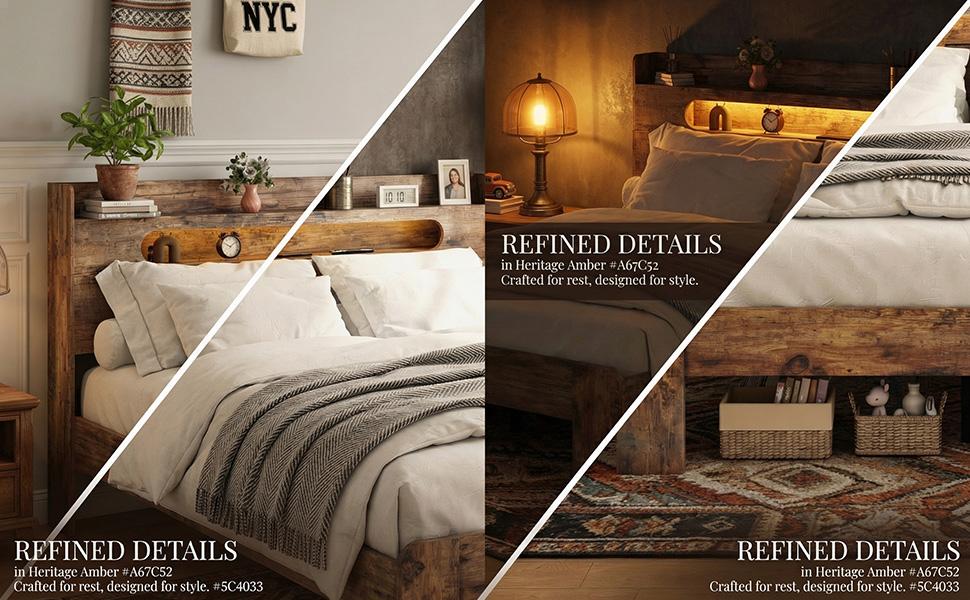 ARCH Bed Frame Farmhouse Queen Size with Storage Headboard & USB Charging Station LED Lights Wood Platform No Box Spring Needed Rustic Brown Bedroom Furniture