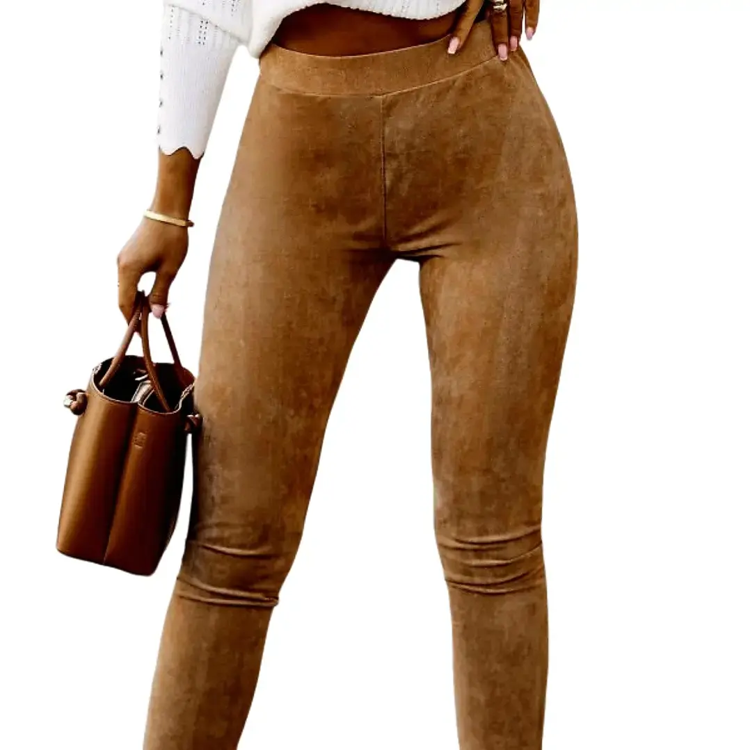 Khaki Faux Suede Skinny Leggings High Waist Slim Fit Casual Women's Bottoms Solid Color Chic Style