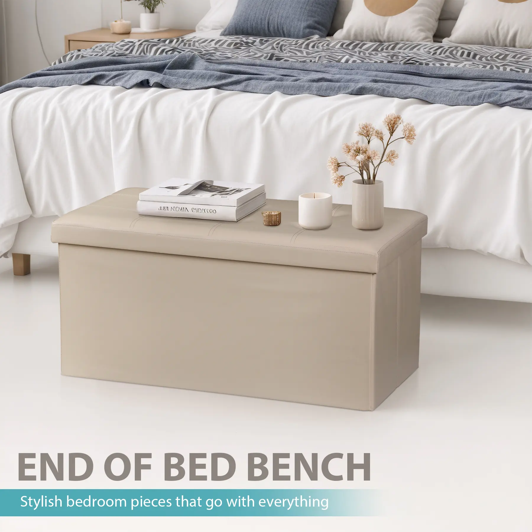 ZENY 30in Folding Multifunctional Storage Ottoman - Multifunctional Stool, Upholstered Oxford Fabric, Sponge Padded Footstool, 350lb Load Capacity, Quick Setup, Space-Saving Modern Furniture, Beige Indoor Bedroom Ottoman with Storage