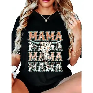Mama Western Retro Cow Skull Graphic T-Shirt, Soft Cotton Unisex Casual Tee for Country Rodeo Style, Vintage Cowgirl Outfit for Everyday Wear or Gift for Mom
